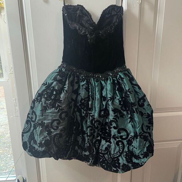 Jessica McClintock Gunne Sax Vintage 80s Black Green Strapless Dress Size 5/6 - Picture 4 of 9